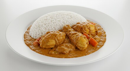 A plate of Malian maf&eacute;, peanut butter stew with rice, presented on a white background.