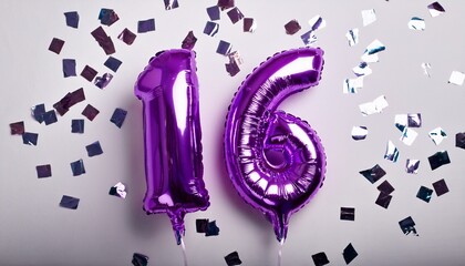 Purple balloon number 16 for sixteenth birthday or anniversary party. White background with confetti