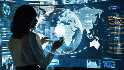 Innovative businesswoman analyzing global data on interactive holographic interface - Powered by Adobe