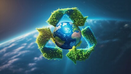 Fototapeta premium Recycling symbol with Earth at the center, symbolizing global sustainability and environmental protection