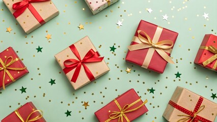 Obraz premium Christmas gifts with red and gold ribbons on a festive pastel background with golden stars