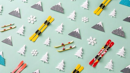 Winter ski resort pattern with mountains, trees, snowflakes, and colorful skis on a mint background