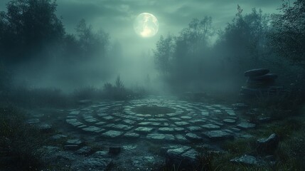 Naklejka premium Moonlit stone circle in foggy forest clearing at night