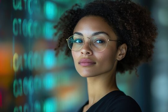 Technology and cybersecurity, woman in glasses, data encryption and online security