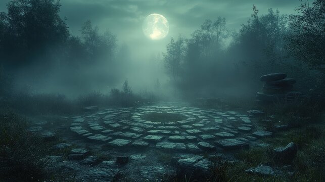 Moonlit stone circle in foggy forest clearing at night