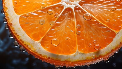 Extreme macro orange slice: condensation droplets, juicy freshness.  Vibrant citrus detail, glistening.  Fresh food close-up, natural.

