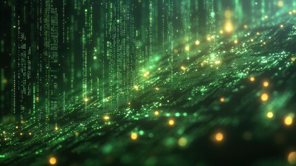 Digital code streams cascading in a futuristic data backdrop
