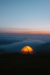 Serene campsite glowing softly amidst clouds at twilight, inviti