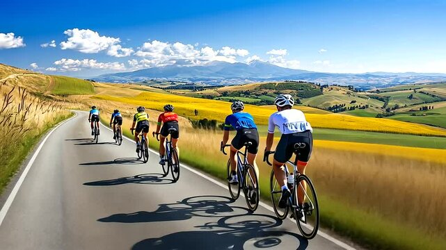 Cyclists on a scenic country road surrounded by rolling hills