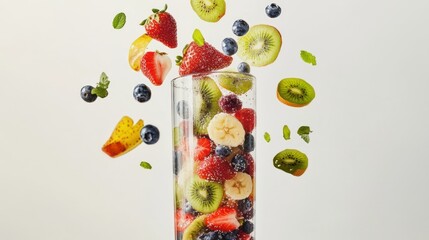 Fresh fruit cocktail in tall glass, studio shot, white background, healthy recipe