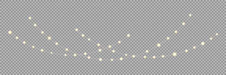 Garland of Christmas lights. Festive bright lights of bulbs. Christmas lights for holiday illustrations. Decorative element for greeting cards, invitations, backgrounds, business cards. Light glow.
