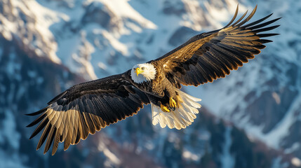 Obraz premium Bald Eagle Soaring Over a Majestic Mountain Range