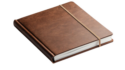 a brown leather journal with an elastic closure on an angle isolated, transparent background	