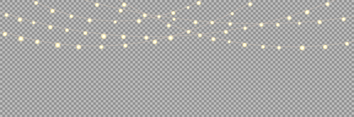 Garland of Christmas lights. Festive bright lights of bulbs. Christmas lights for holiday illustrations. Decorative element for greeting cards, invitations, backgrounds, business cards. Light glow.