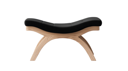 a curved wooden stool with a black cushion. isolated, transparent background	
 