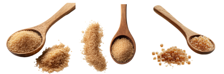 four wooden spoons filled with brown sugar.isolated, transparent background	
  
