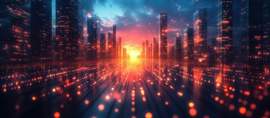Fototapeta premium City sunset road with glowing lights, skyscrapers background, digital art