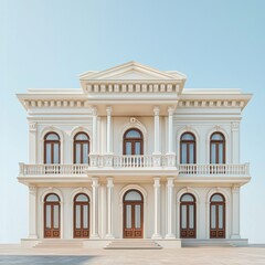 Grand neoclassical mansion with columns, balcony, and arched windows.