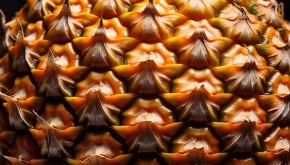 Fototapeta premium Generated Extreme macro pineapple skin: rough texture, hexagonal pattern, golden color. Intricate fruit detail, exotic. Unique close-up, tropical.