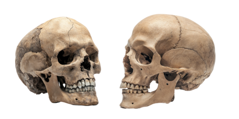 two human skulls next to each other. isolated on transparent background