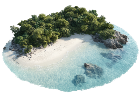 an aerial view of a tropical island with sandy beach and crystal clear ocean. isolated on transparent background