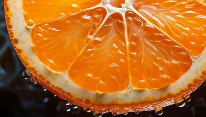 Extreme macro peeled orange segment: translucent pulp & delicate juice vesicles.  Revealing citrus detail, vibrant color.  Fresh fruit close-up, juicy.


