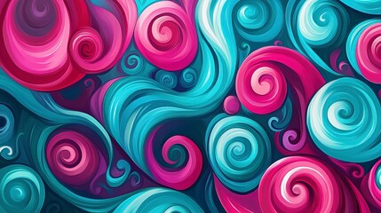 Bright turquoise and magenta swirls, energetic and vibrant with glossy finish