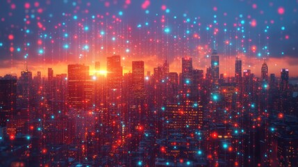 Obraz premium Futuristic city sunrise network graphic design