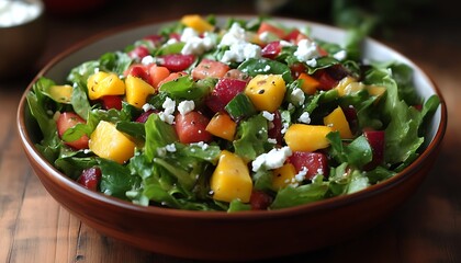 Salad bowl with mango and cheese on wood table