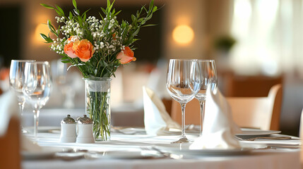 Elegant Table Setting in a Restaurant Featuring Floral Arrangement Glassware and White Linens