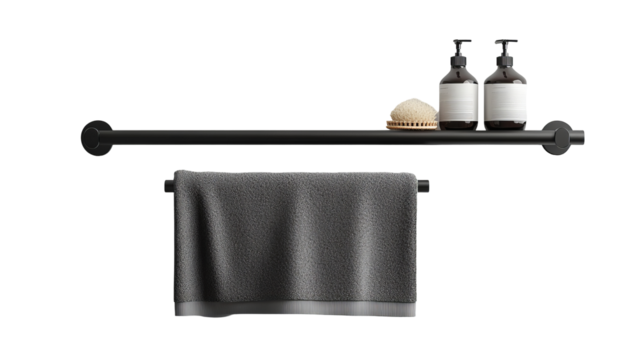a towel hanging on a bar and some bottles on shelf in bathroom isolated on transparent background	