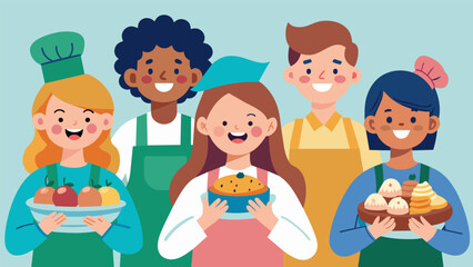 Smiling volunteers manning a colorful array of homemade baked goods ready to satisfy any sweet tooth.. Vector illustration