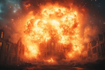 Fototapeta premium Massive explosion engulfs city street, church ablaze, debris filled background, apocalyptic scene