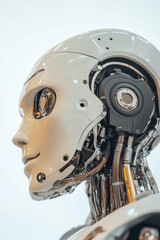 Fototapeta premium Profile view of a high-tech humanoid robot with an advanced neural interface and intricate wiring. 