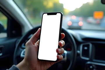 Driver using smartphone while driving urban road action shot daylight close-up safe driving awareness