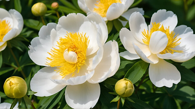 Close-up of common garden peony (Paeonia lactiflora) 'Gold standard' blooming in summer. A double row of white petals surround golden staminodes