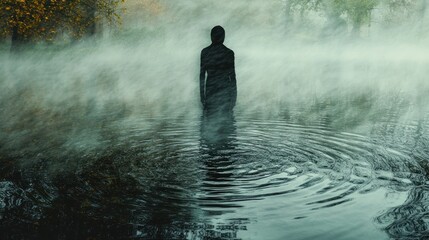 Obraz premium Foggy park lake figure mystery