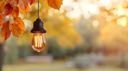 Warmly Illuminated Vintage Lightbulb Hanging From Orange Autumn Leaves Against Soft Focus Bokeh Background