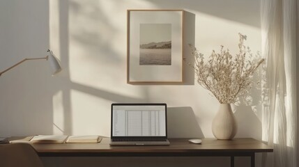 Sunlit home office desk, laptop spreadsheet, calm workspace, dried flowers,  work from home