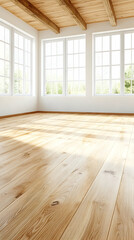 Obraz premium Sunlit empty room with hardwood floor, large windows, and wood ceiling beams; ideal for interior design presentations