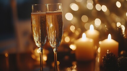 Champagne flutes clinking at elegant party, warm candlelight glow, gold and silver palette, blurred festive background, joyful atmosphere, close-up shot.