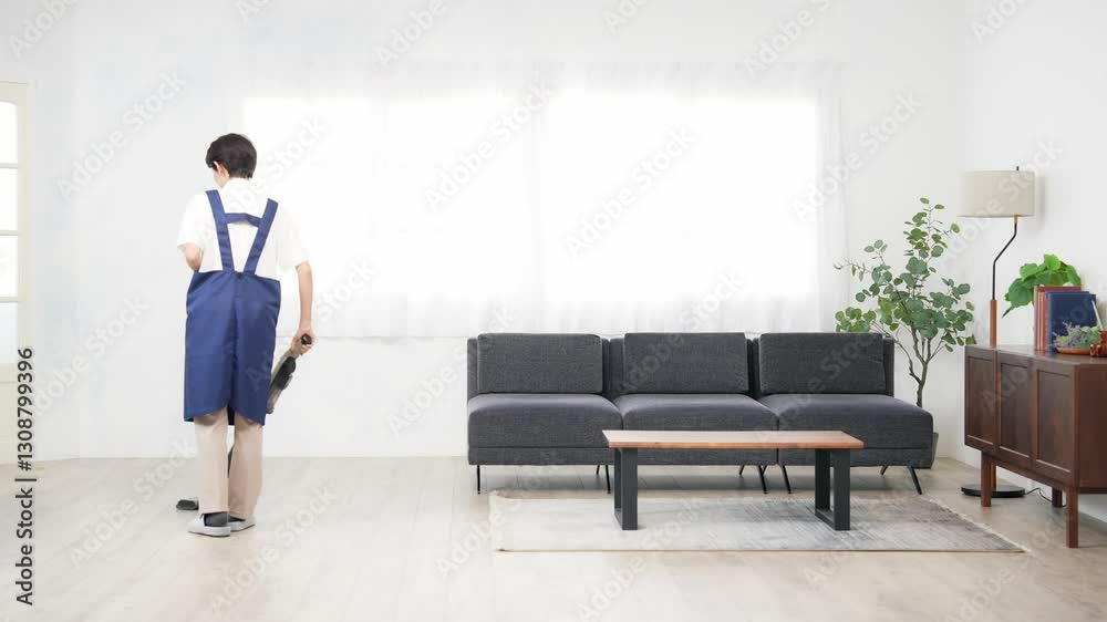 Aufkleber 部屋の床に掃除機をかけるエプロンをつけたミドル女性