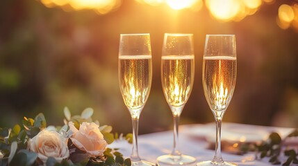 Champagne flutes on outdoor wedding table, golden hour light, soft pastel hues, floral centerpiece, and romantic joyful atmosphere, birdâ€™s-eye view.