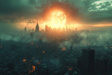 Fototapeta premium Giant moon over foggy, burning city at sunset