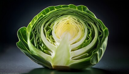 Fototapeta premium Macro Brussels sprout half: layered leaves. Crisp vegetable close-up, detailed.