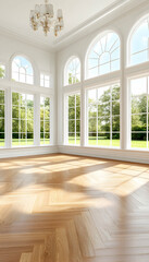 Sunlit herringbone floor in a bright, white room with arched windows overlooking a verdant garden; ideal for home decor