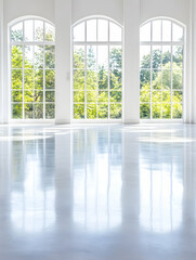 Fototapeta premium Sunlit interior room with three arched windows overlooking lush green trees; ideal for showcasing products or events