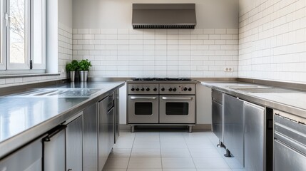 Fototapeta premium Modern Stainless Steel Kitchen with Bright Natural Light and Clean Design Features