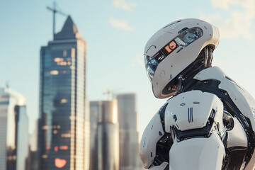 Fototapeta premium A futuristic AI security robot standing against the backdrop of a modern city skyline. 