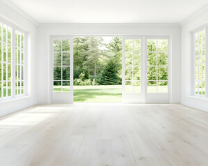 Sunlit room with garden view; hardwood floors; bright, airy space; ideal for home design